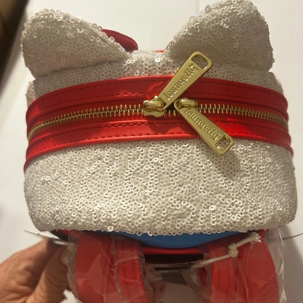 Hello Kitty Loungefly Sequin Mini Backpack Classic Overalls Blue Red White Bag